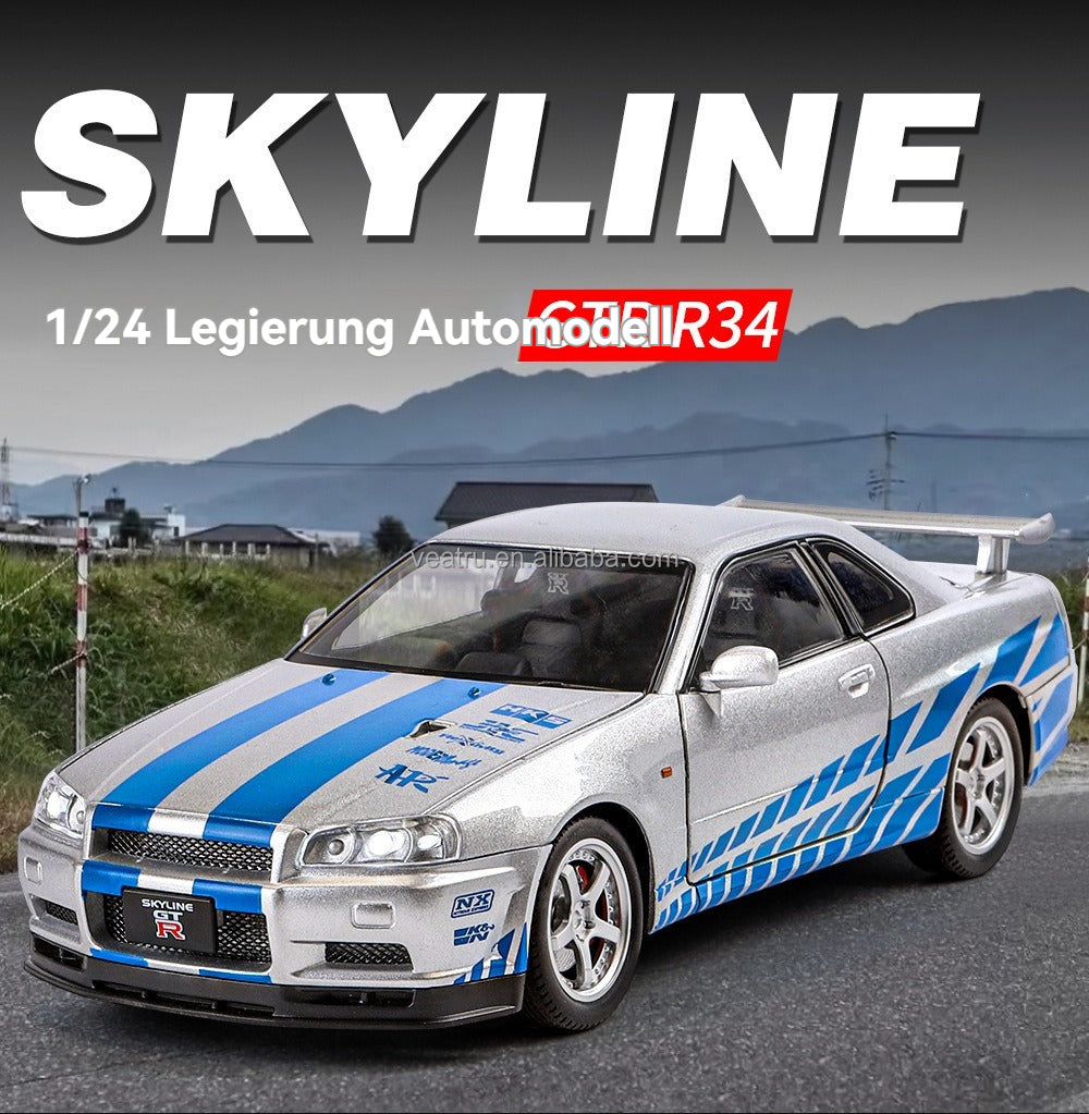 Blue 1:24 R34 Nissan Skyline Model Car Full Metal