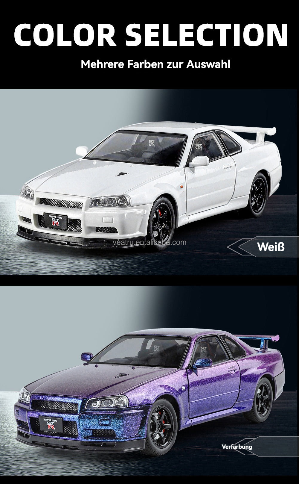 Midnight Purple 1:24 R34 Nissan Skyline Model Car Full Metal