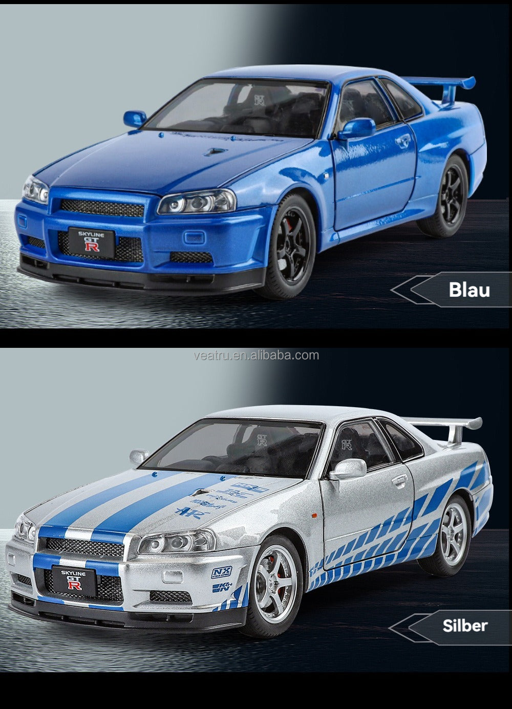 Blue 1:24 R34 Nissan Skyline Model Car Full Metal