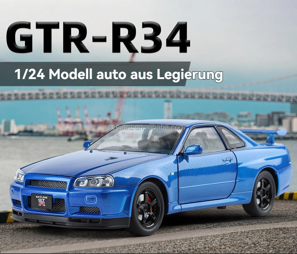 Blue 1:24 R34 Nissan Skyline Model Car Full Metal