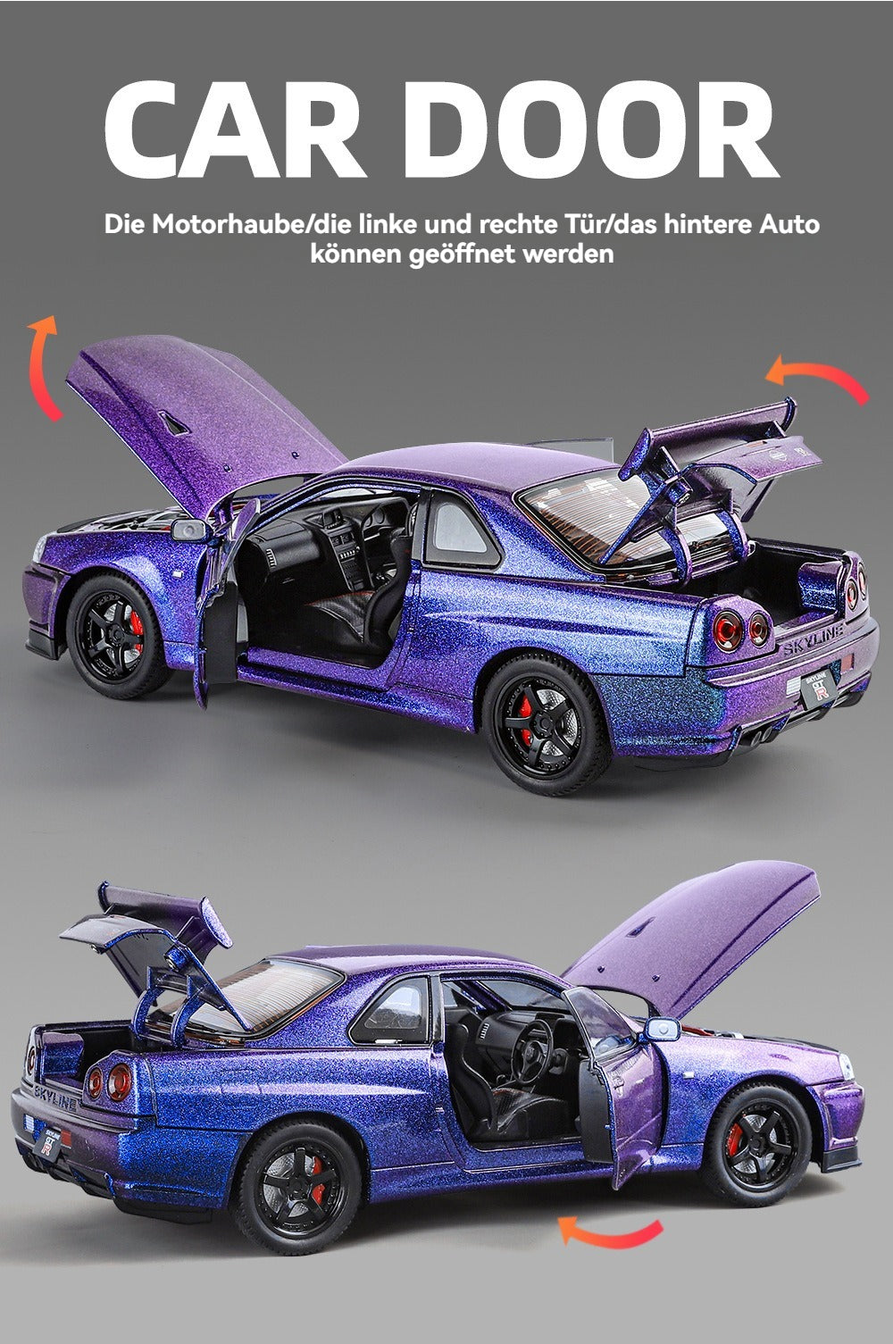 Midnight Purple 1:24 R34 Nissan Skyline Model Car Full Metal