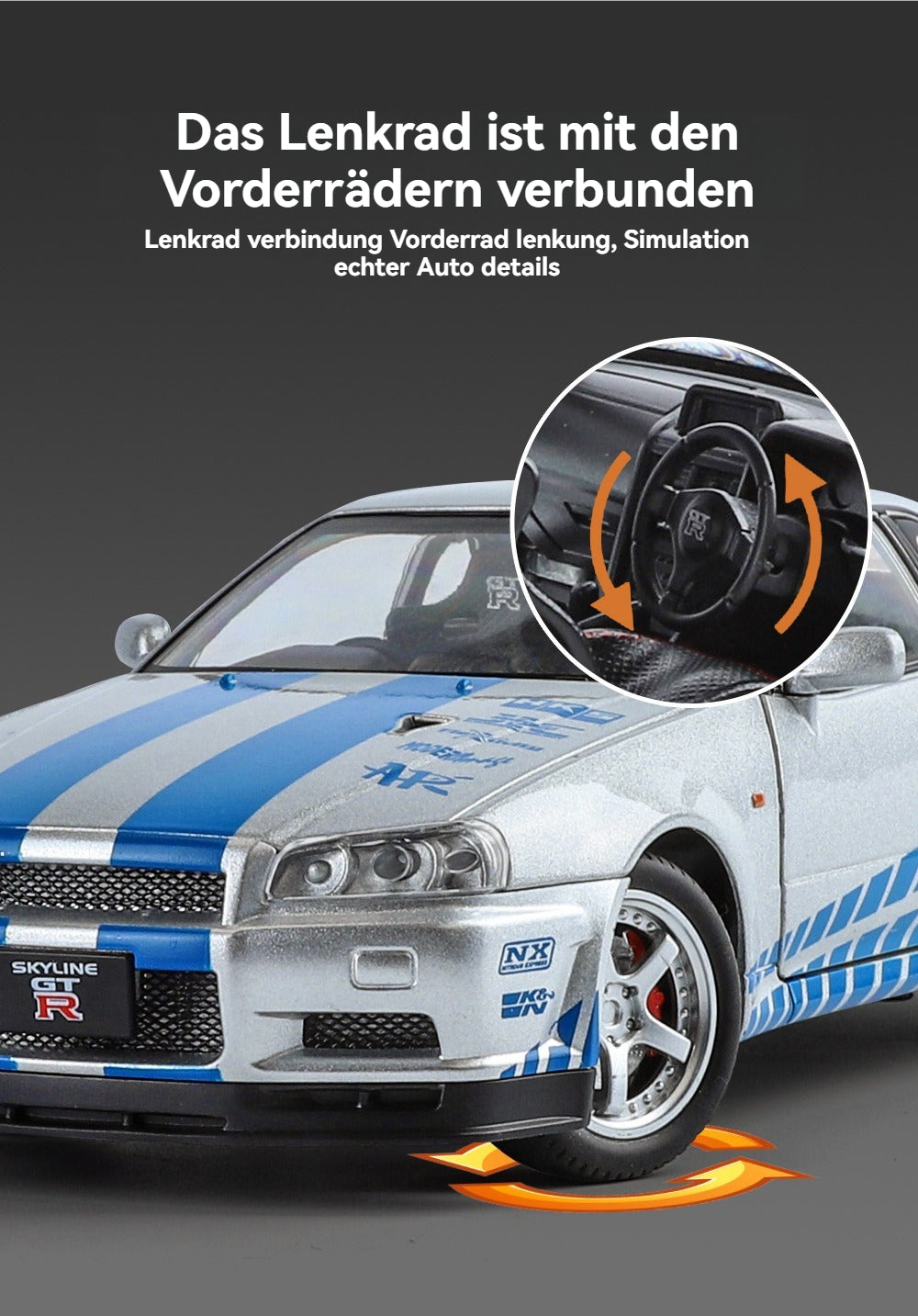 Blue 1:24 R34 Nissan Skyline Model Car Full Metal