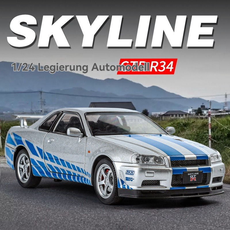 Blue 1:24 R34 Nissan Skyline Model Car Full Metal