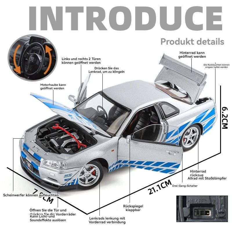 Blue 1:24 R34 Nissan Skyline Model Car Full Metal