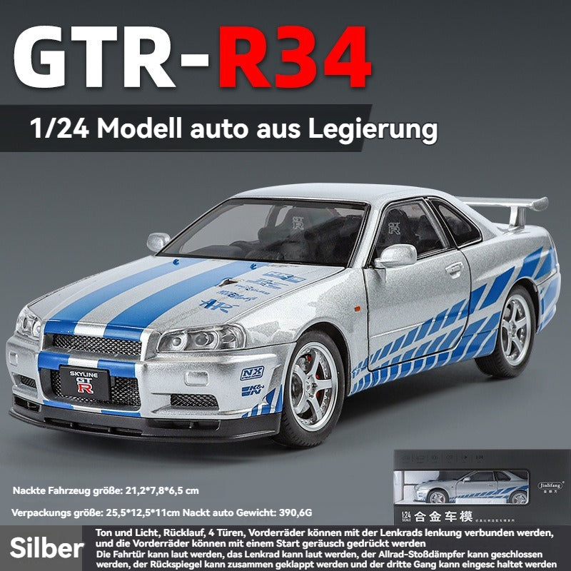 Blue 1:24 R34 Nissan Skyline Model Car Full Metal