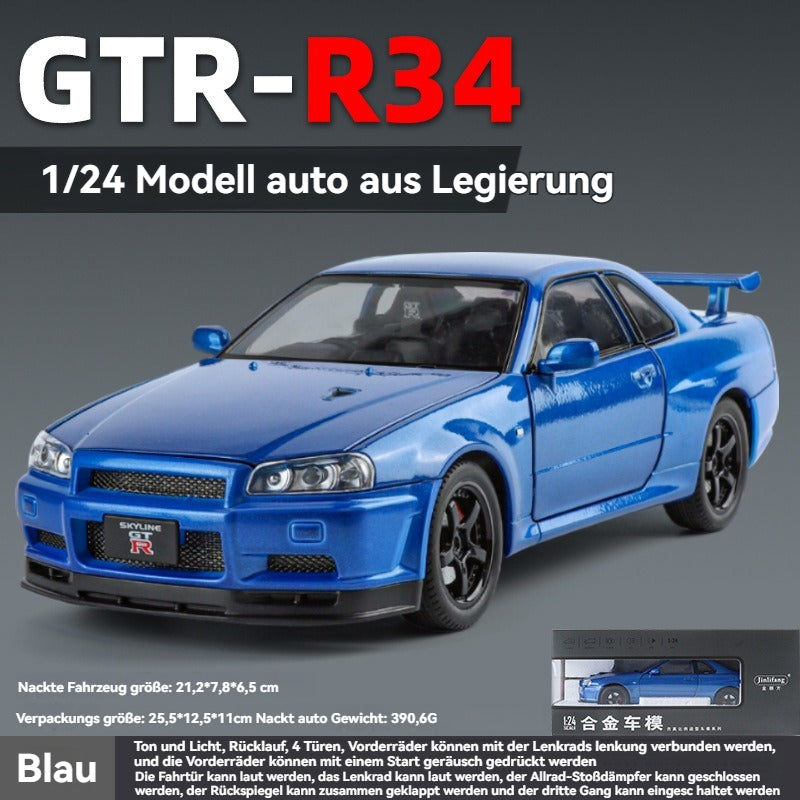 Blue 1:24 R34 Nissan Skyline Model Car Full Metal