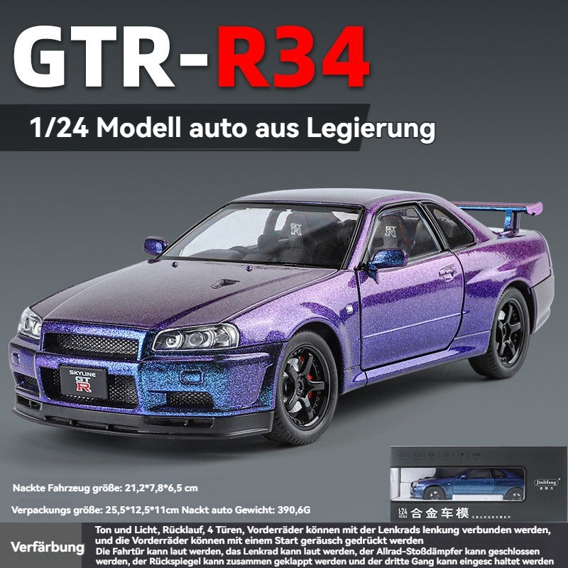 Blue 1:24 R34 Nissan Skyline Model Car Full Metal